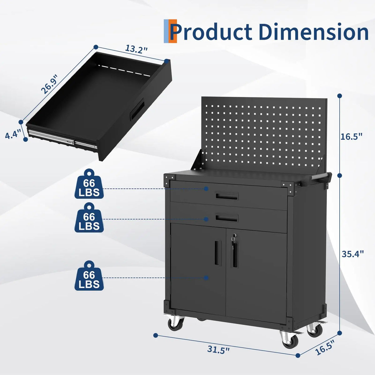 35" Tool Chest Cabinet Mobile Garage Workbench with Wheels Storage Cabinet Rolling Tool Cabinet with 2 Drawers Adjustable Shelves for Garage Warehouse Workshop, Black