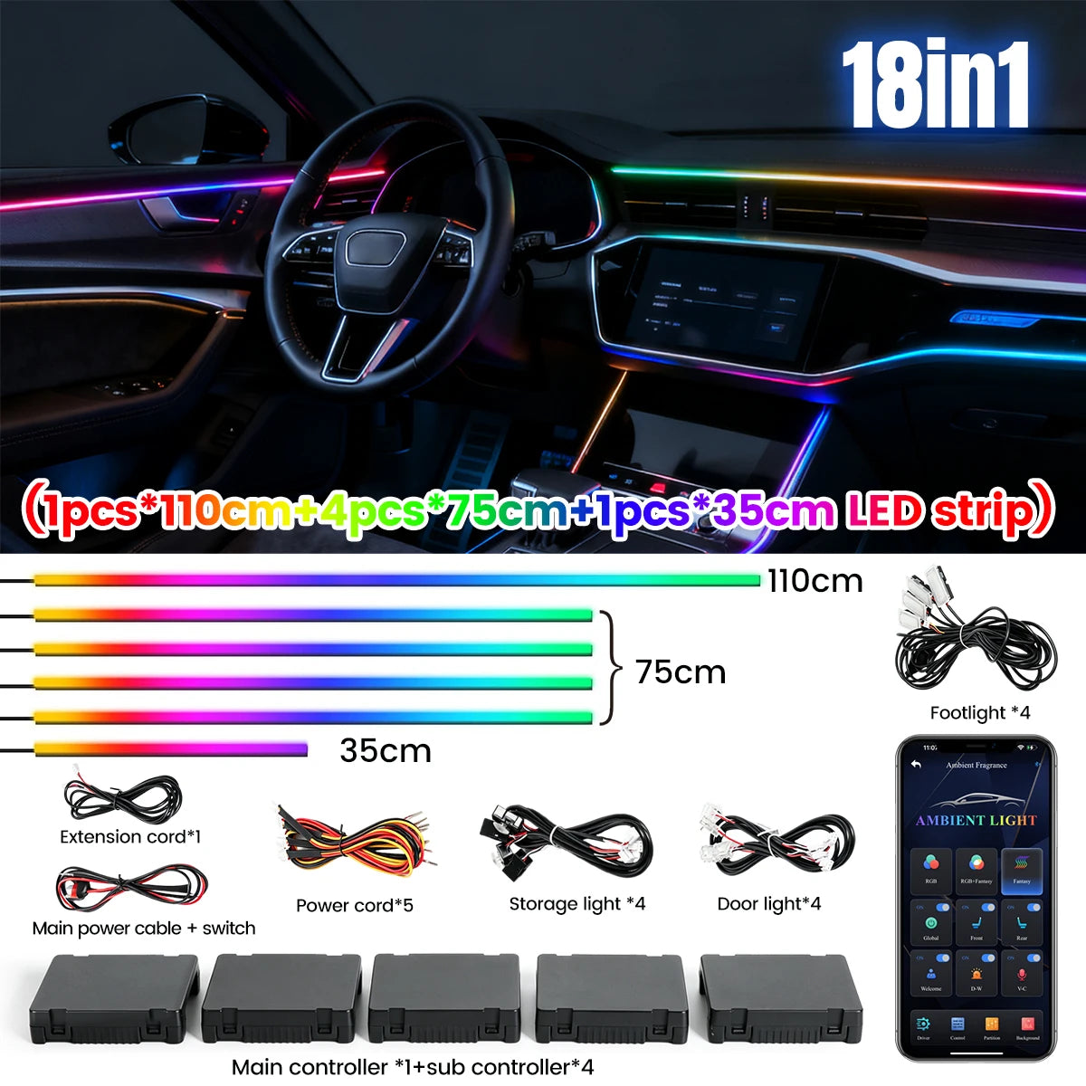 Dreamcolor Acrylic Interior Car LED Strip Light with Wireless APP, RGB 6/10/14/18 in 1 with 175 Inches Fiber Optic Strip Lights for Car, Dynamic Chasing Music Sync Neon Car Ambient Lighting Kits