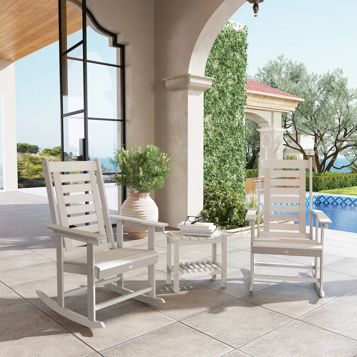 2 Outdoor Rocking Chairs, HDPE High Back Patio Rockers, White