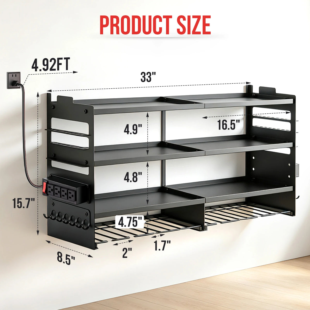 4-Tier Large Power Tool Heavy Duty Organizer Wall Mount Tool with Built-in 8 Drill Holders 4-Outlet Power Strip Side Hooks 600 lbs Capacity for Workshop Garage Basement