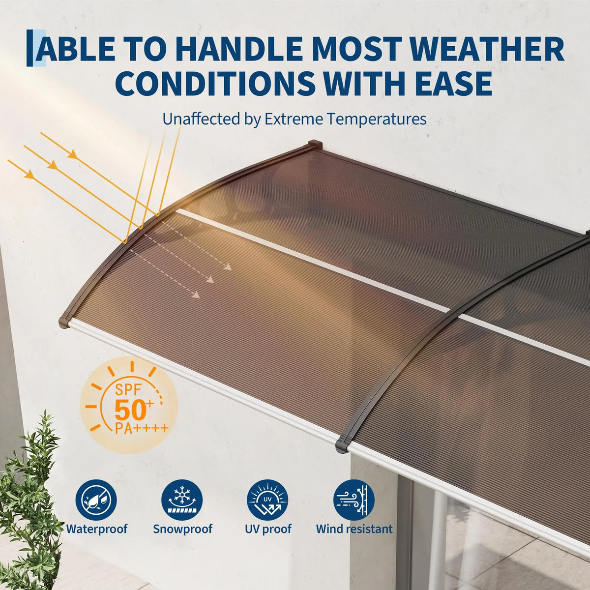 40’’x120’’ Window & Door Awning, Polycarbonate Outdoor Canopy, Rain Snow Sunlight UV Protection Exterior Shelter, Modern Waterproof Patio Porch Awning for Front Door Window, Brown
