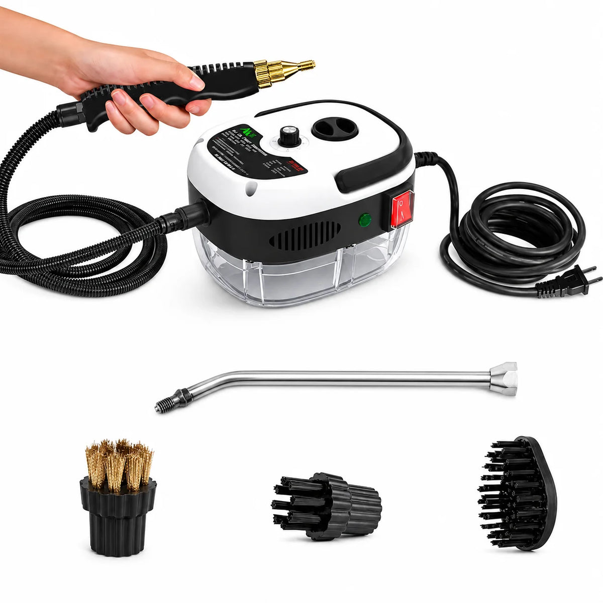 Small and Portable High-Pressure Red White Steam Cleaner With Brush Heads Handheld Sanitizing 6-Speed Settings Extended Hose Large Capacity Removes Grease Dust Mites for Air Conditioners Range Hoods Floors Bathrooms Cookware