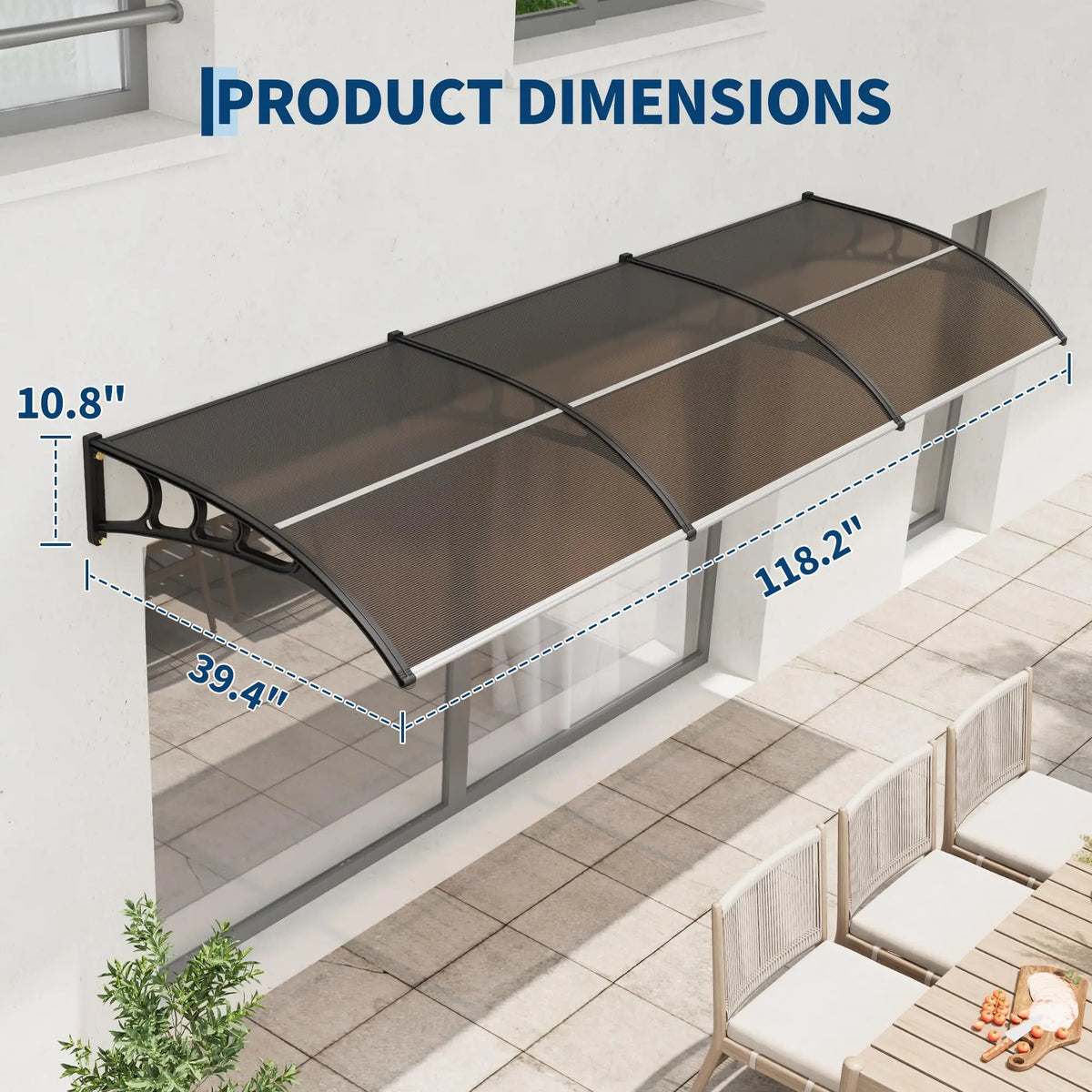 40’’x120’’ Window & Door Awning, Polycarbonate Outdoor Canopy, Rain Snow Sunlight UV Protection Exterior Shelter, Modern Waterproof Patio Porch Awning for Front Door Window, Brown