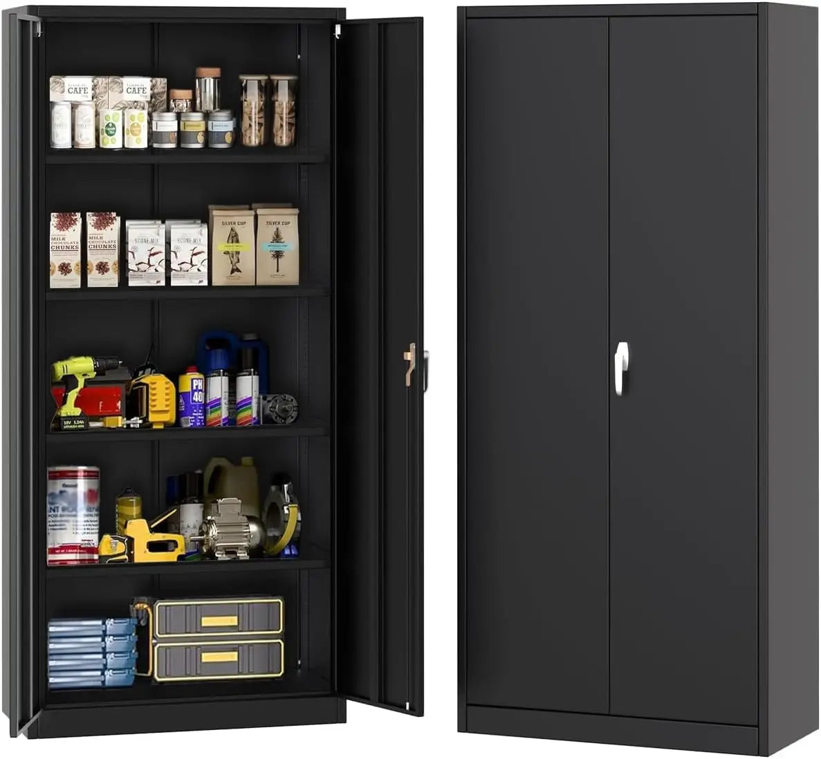 Metal Storage Cabinet with Lock Tool Cabinet Storage Cabinet Floor-to-Ceiling Courtyard Cabinet with 4 Adjustable Shelves and 4 Adjustable Feet for Home, Garage, Office, Shop