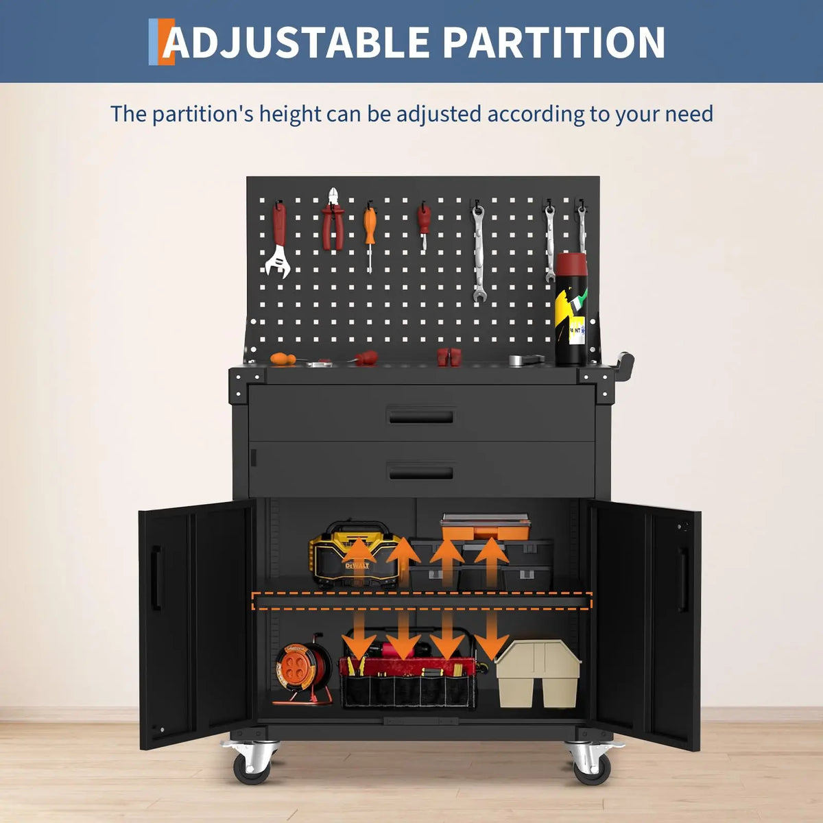 35" Tool Chest Cabinet Mobile Garage Workbench with Wheels Storage Cabinet Rolling Tool Cabinet with 2 Drawers Adjustable Shelves for Garage Warehouse Workshop, Black