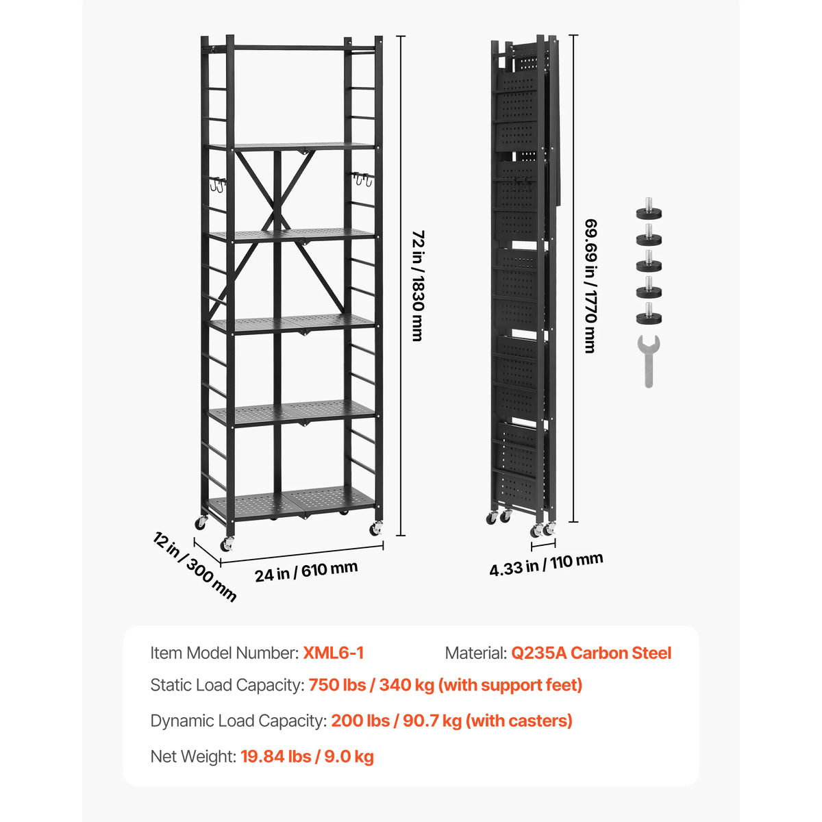 SucceBuy 6/5/4/3 Tier Black Foldable Storage Shelf with Wheels Folding Metal Rack Shelving Unit Organizer for Garage Kitchen