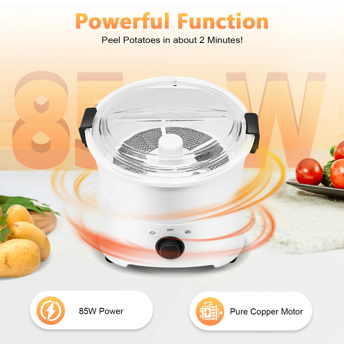 Electric Potato Peeler One‑button Automatic Spinner Peeler 85W Pure Copper Motor Multi‑Function for Home Kitchen Restaurant Use