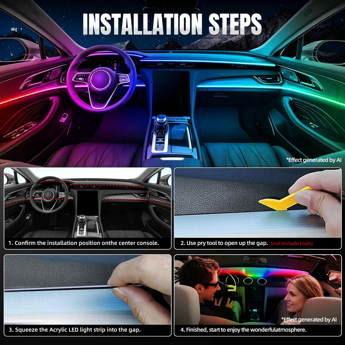 Dreamcolor Acrylic Interior Car LED Strip Light with Wireless APP, RGB 6/10/14/18 in 1 with 175 Inches Fiber Optic Strip Lights for Car, Dynamic Chasing Music Sync Neon Car Ambient Lighting Kits