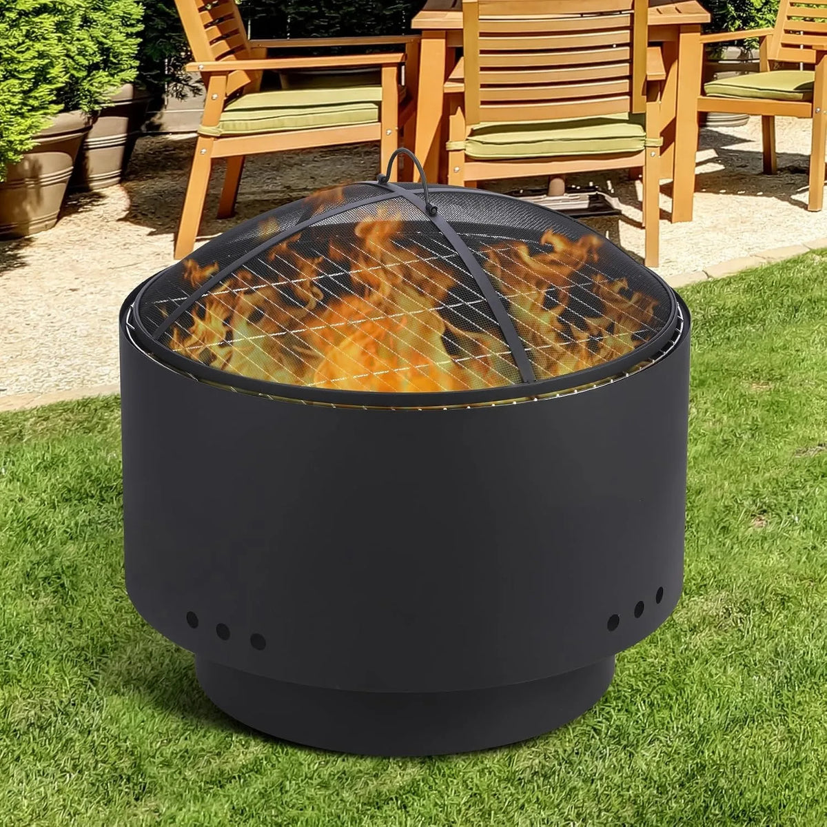 26 Inch Outdoor Fire Pit and BBQ Grill Carbon Steel Wood Charcoal Pellet Burning Firepit with Removable Grill Grate Mesh Spark Screen Poker and Cover for Backyard Patio Camping and Picnics