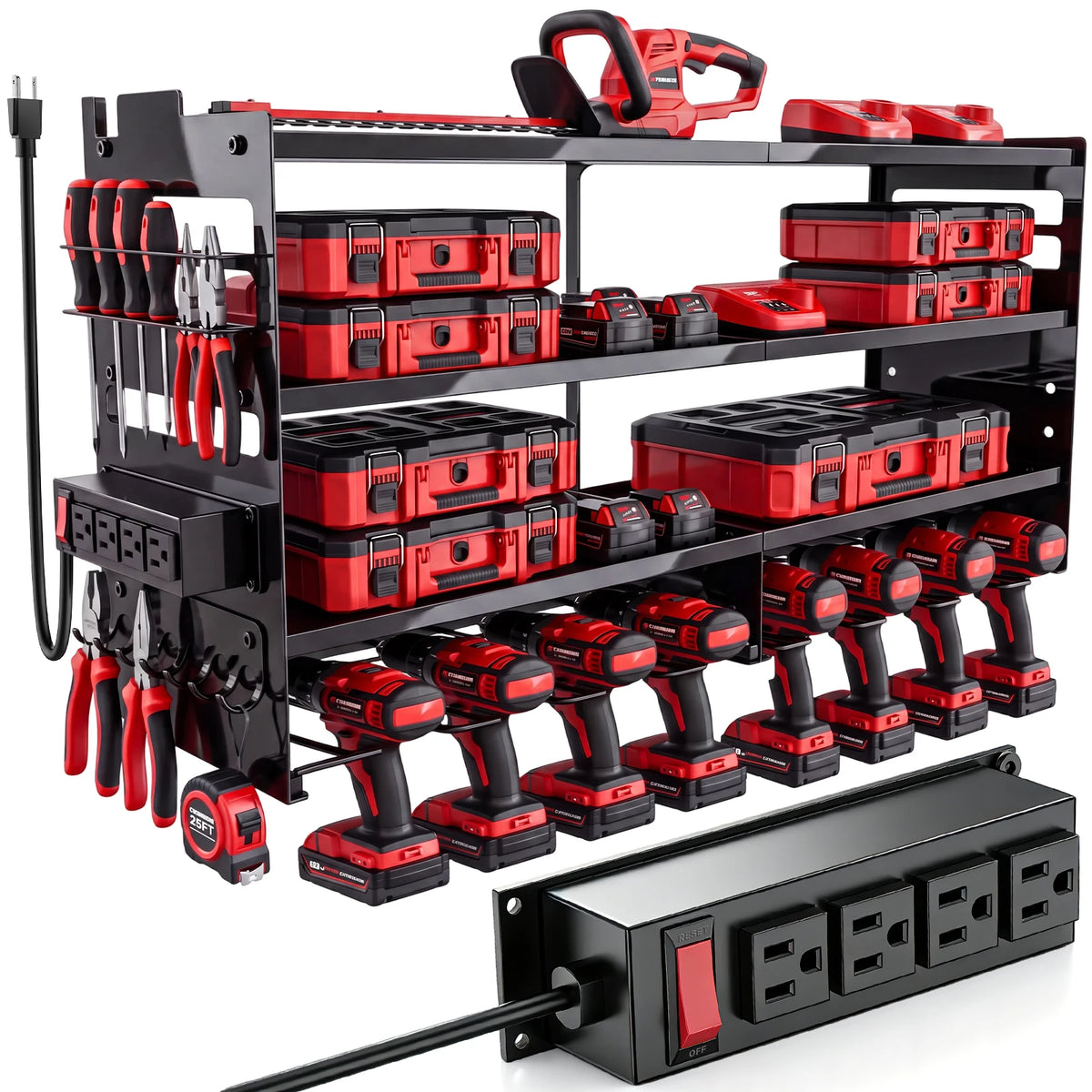 4-Tier Large Power Tool Heavy Duty Organizer Wall Mount Tool with Built-in 8 Drill Holders 4-Outlet Power Strip Side Hooks 600 lbs Capacity for Workshop Garage Basement