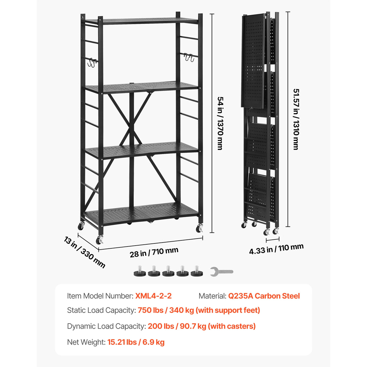 SucceBuy 6/5/4/3 Tier Black Foldable Storage Shelf with Wheels Folding Metal Rack Shelving Unit Organizer for Garage Kitchen