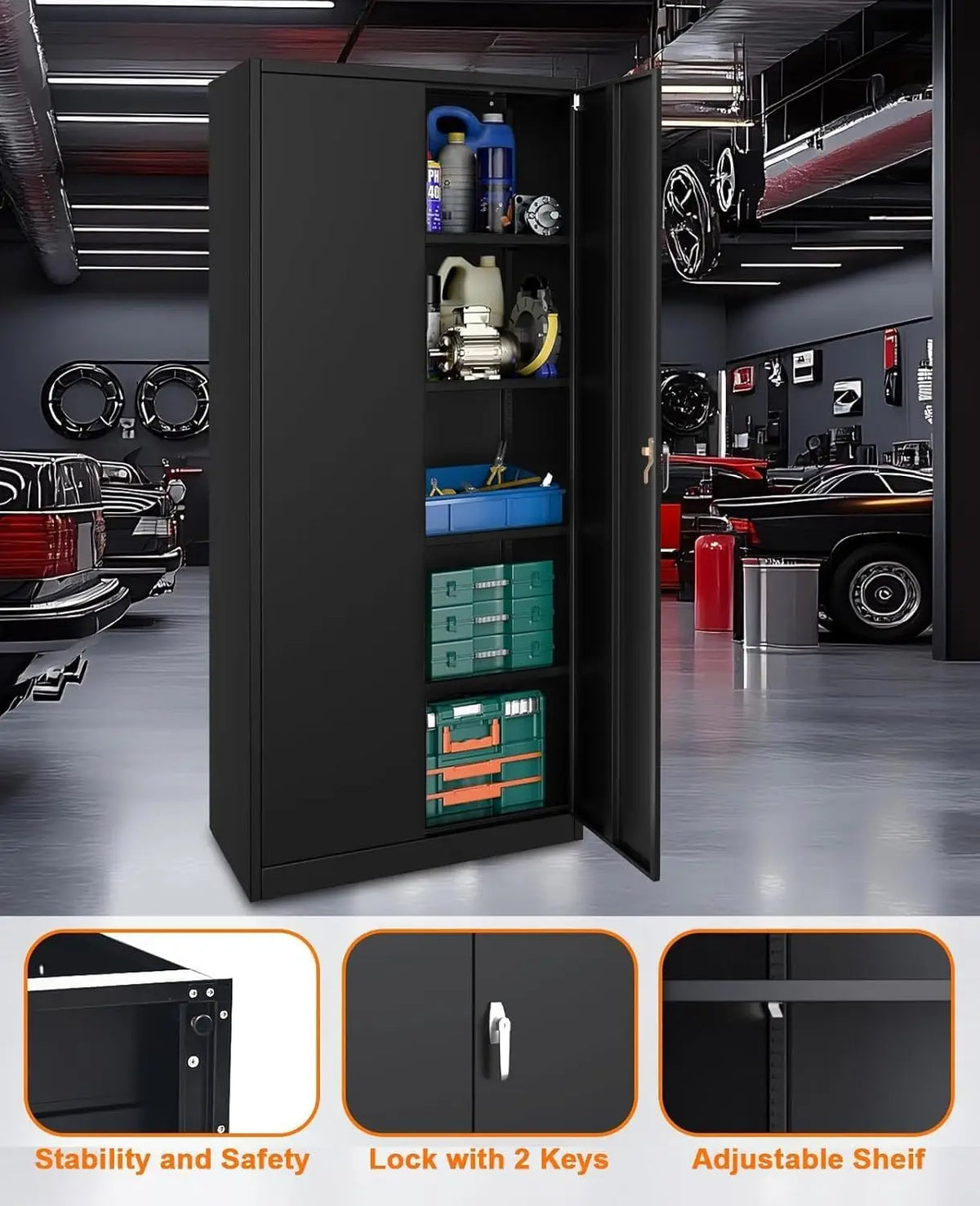 Metal Storage Cabinet with Lock Tool Cabinet Storage Cabinet Floor-to-Ceiling Courtyard Cabinet with 4 Adjustable Shelves and 4 Adjustable Feet for Home, Garage, Office, Shop