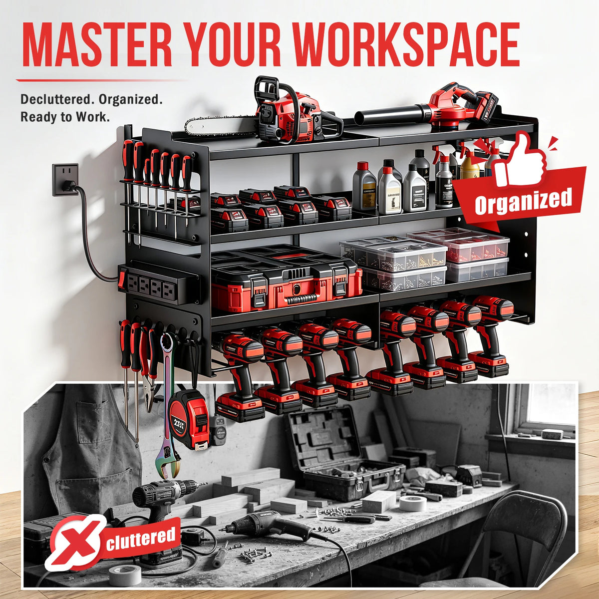 4-Tier Large Power Tool Heavy Duty Organizer Wall Mount Tool with Built-in 8 Drill Holders 4-Outlet Power Strip Side Hooks 600 lbs Capacity for Workshop Garage Basement