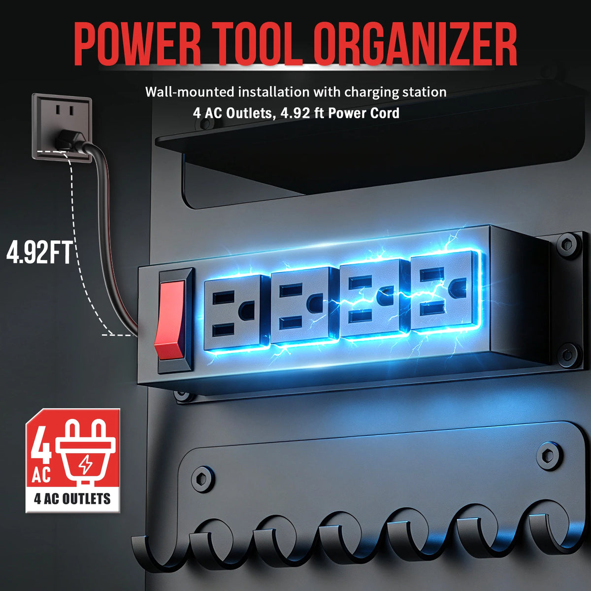 4-Tier Large Power Tool Heavy Duty Organizer Wall Mount Tool with Built-in 8 Drill Holders 4-Outlet Power Strip Side Hooks 600 lbs Capacity for Workshop Garage Basement