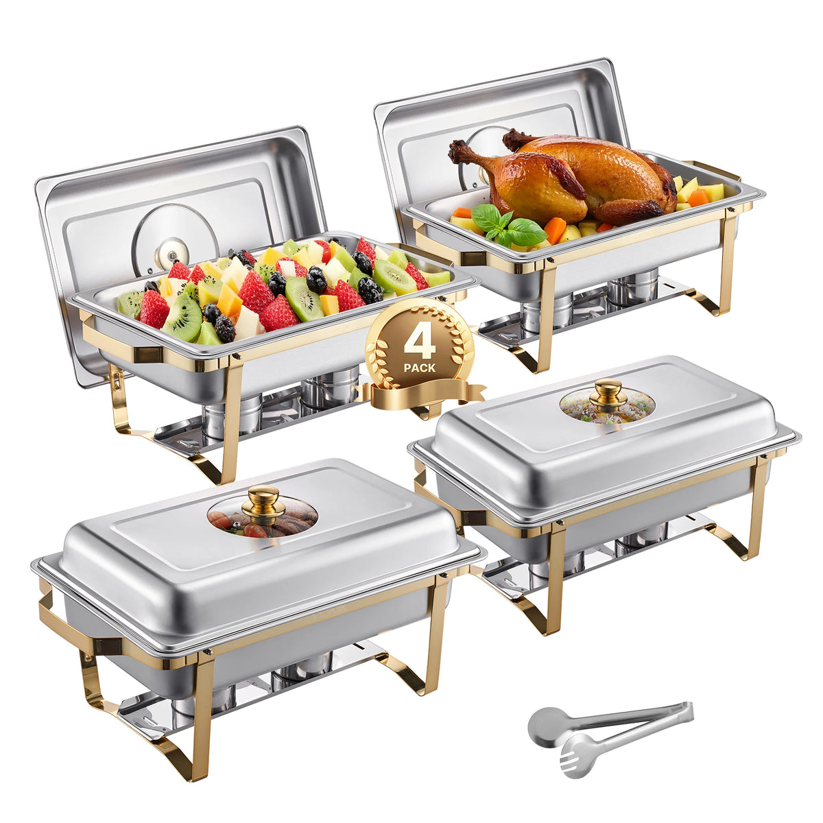 SucceBuy 8 Qt 2 4 Pack Chafing Dish Buffet Set Stainless Steel Chafer with 4 Full Size Pans Rectangle Catering Warmer Server