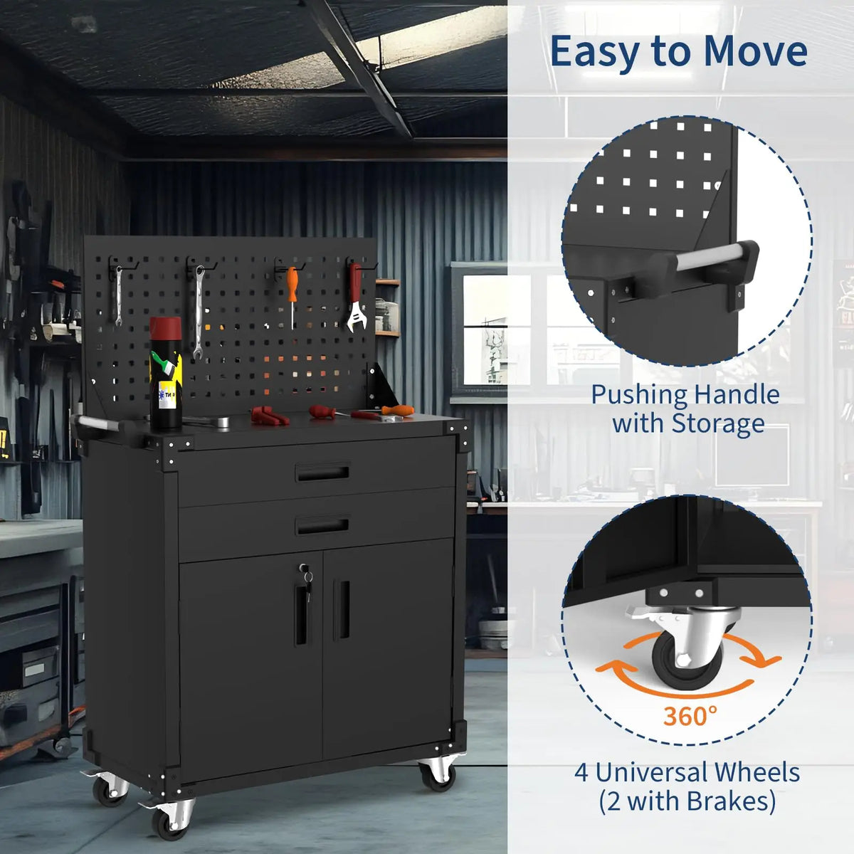 35" Tool Chest Cabinet Mobile Garage Workbench with Wheels Storage Cabinet Rolling Tool Cabinet with 2 Drawers Adjustable Shelves for Garage Warehouse Workshop, Black