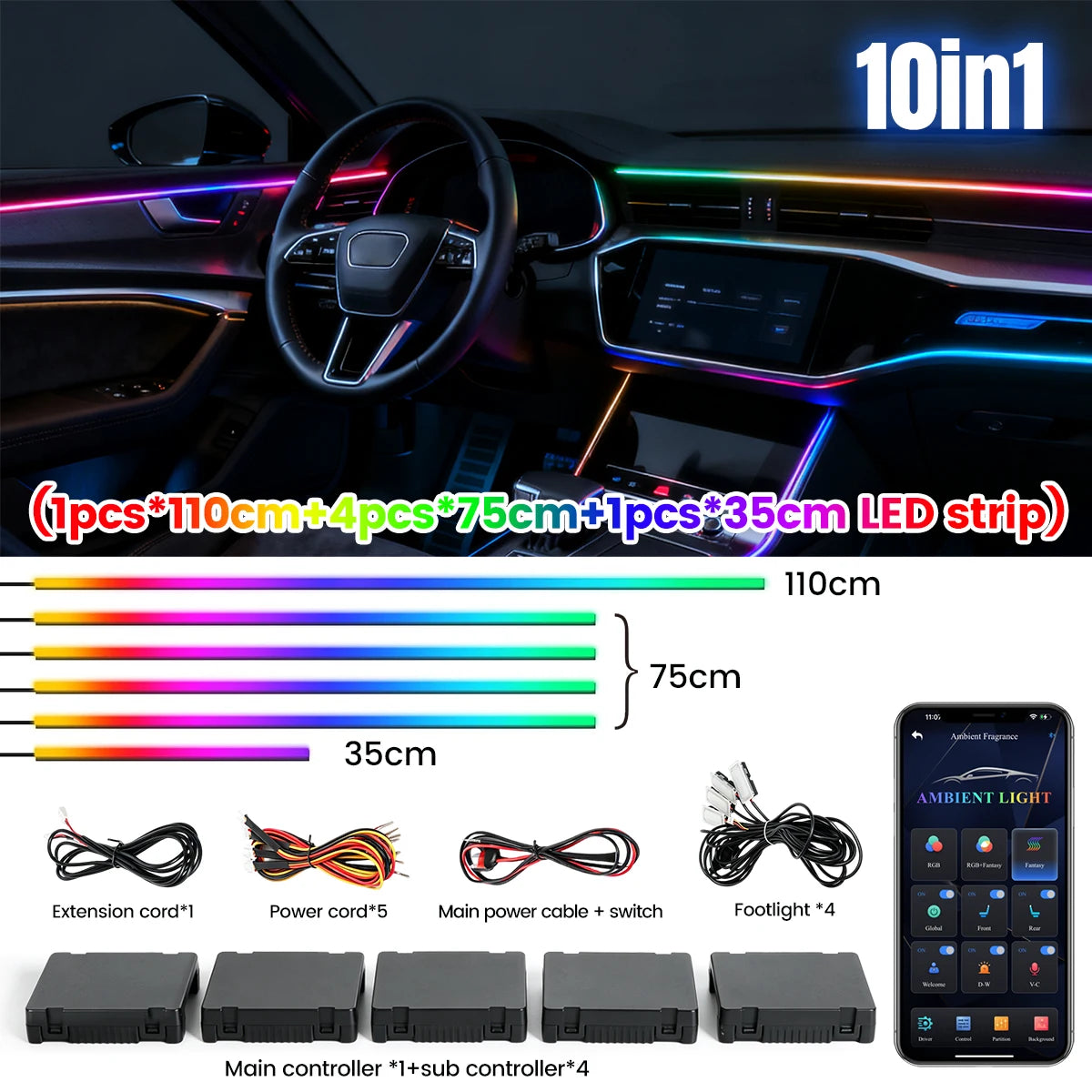 Dreamcolor Acrylic Interior Car LED Strip Light with Wireless APP, RGB 6/10/14/18 in 1 with 175 Inches Fiber Optic Strip Lights for Car, Dynamic Chasing Music Sync Neon Car Ambient Lighting Kits