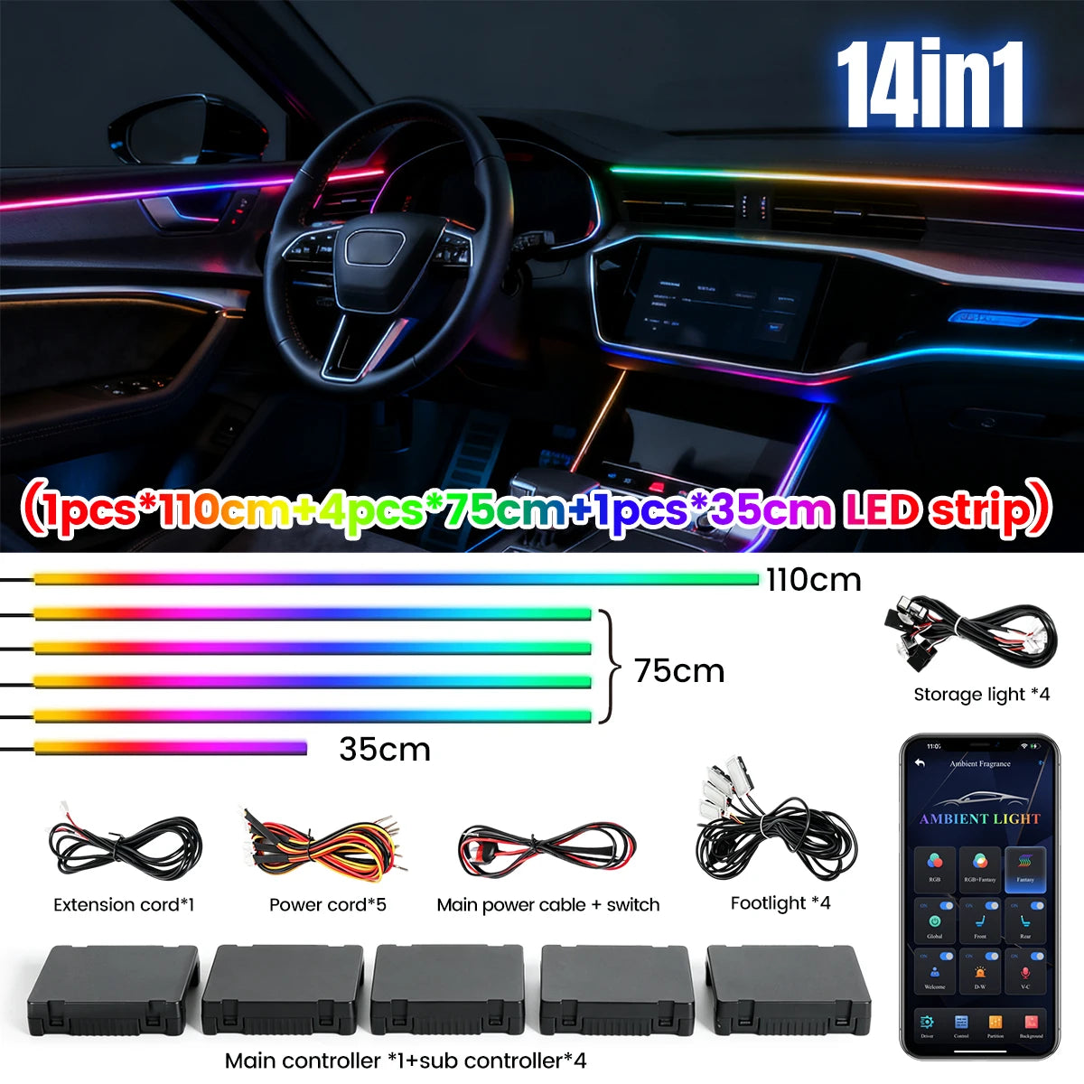 Dreamcolor Acrylic Interior Car LED Strip Light with Wireless APP, RGB 6/10/14/18 in 1 with 175 Inches Fiber Optic Strip Lights for Car, Dynamic Chasing Music Sync Neon Car Ambient Lighting Kits