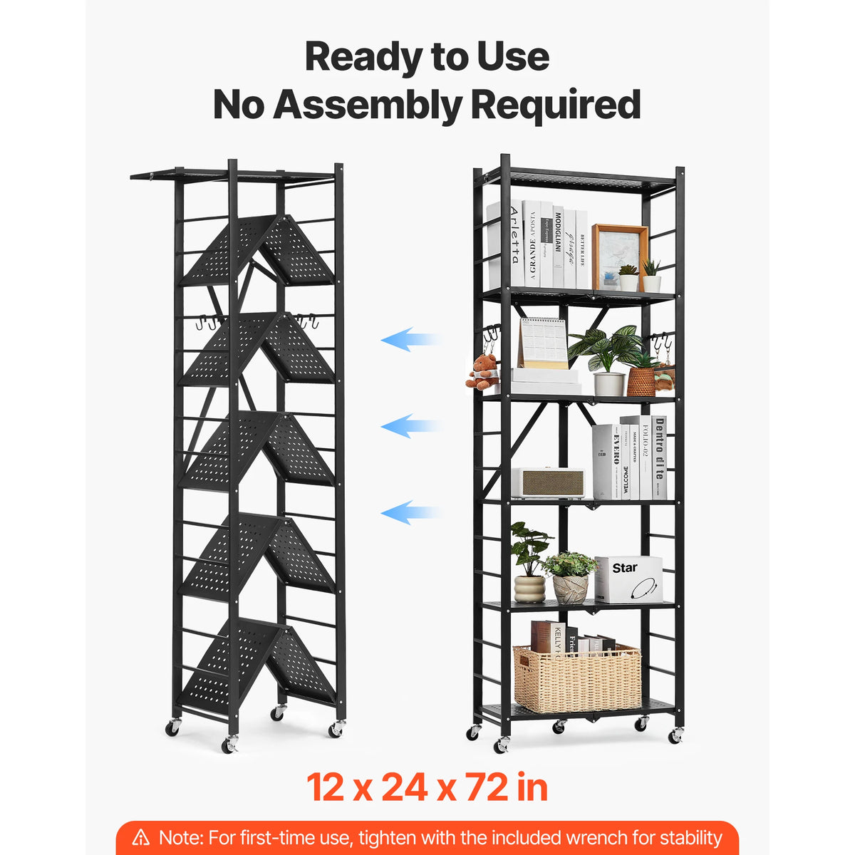 SucceBuy 6/5/4/3 Tier Black Foldable Storage Shelf with Wheels Folding Metal Rack Shelving Unit Organizer for Garage Kitchen