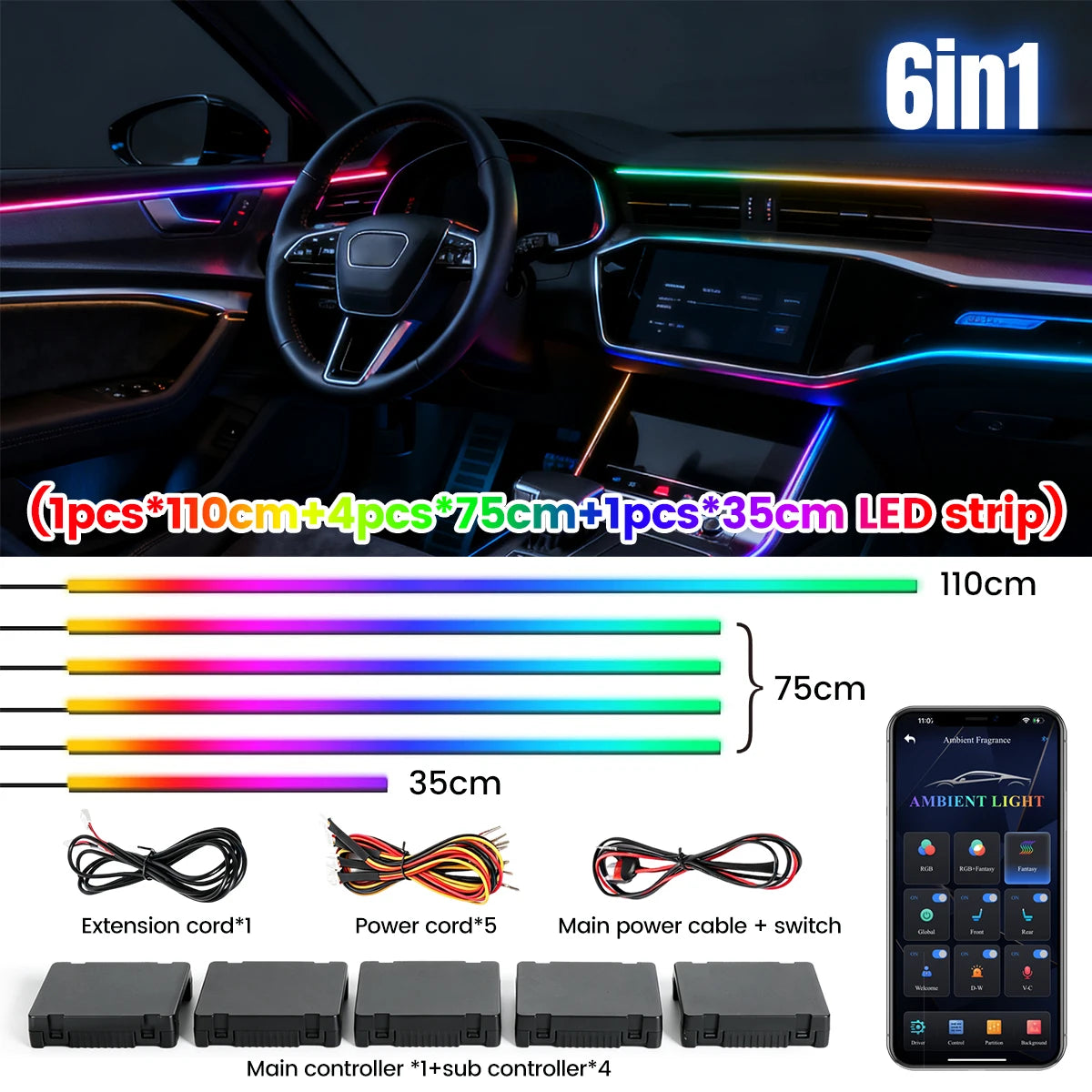 Dreamcolor Acrylic Interior Car LED Strip Light with Wireless APP, RGB 6/10/14/18 in 1 with 175 Inches Fiber Optic Strip Lights for Car, Dynamic Chasing Music Sync Neon Car Ambient Lighting Kits