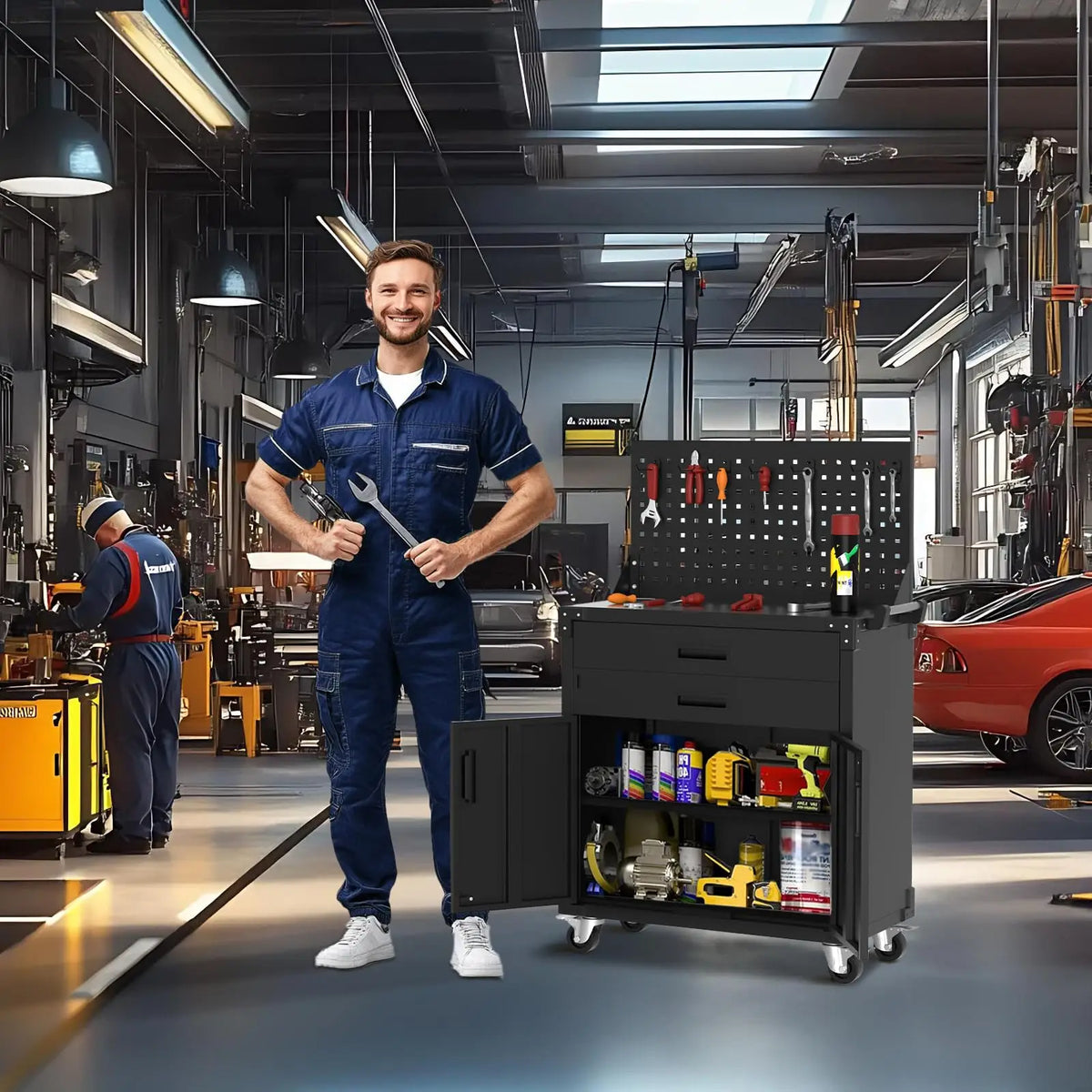 35" Tool Chest Cabinet Mobile Garage Workbench with Wheels Storage Cabinet Rolling Tool Cabinet with 2 Drawers Adjustable Shelves for Garage Warehouse Workshop, Black