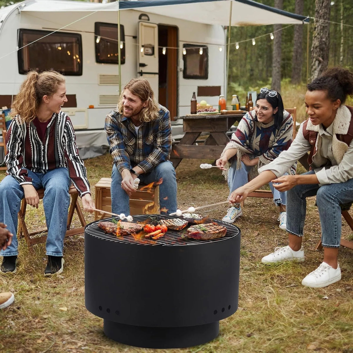 26 Inch Outdoor Fire Pit and BBQ Grill Carbon Steel Wood Charcoal Pellet Burning Firepit with Removable Grill Grate Mesh Spark Screen Poker and Cover for Backyard Patio Camping and Picnics