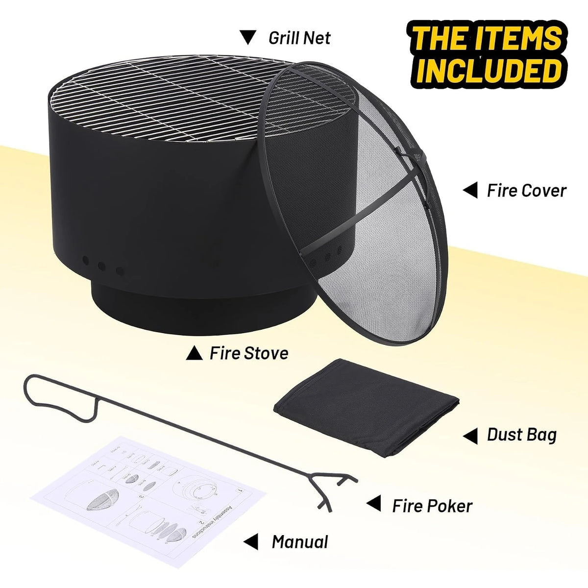 26 Inch Outdoor Fire Pit and BBQ Grill Carbon Steel Wood Charcoal Pellet Burning Firepit with Removable Grill Grate Mesh Spark Screen Poker and Cover for Backyard Patio Camping and Picnics