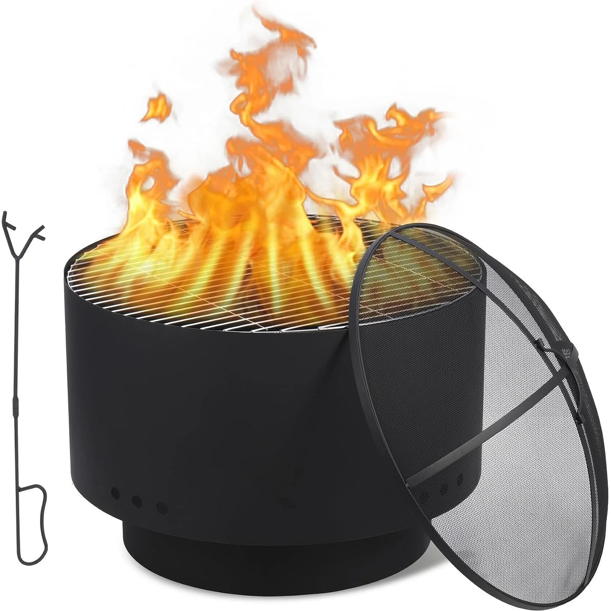 26 Inch Outdoor Fire Pit and BBQ Grill Carbon Steel Wood Charcoal Pellet Burning Firepit with Removable Grill Grate Mesh Spark Screen Poker and Cover for Backyard Patio Camping and Picnics