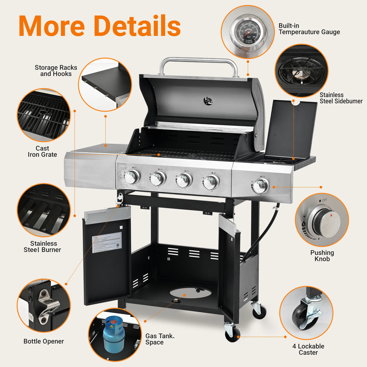 4 Burner Propane Grill Stainless Steel Gas Barbecue Grill with Side Burner And Cover for Outdoor BBQ Camping