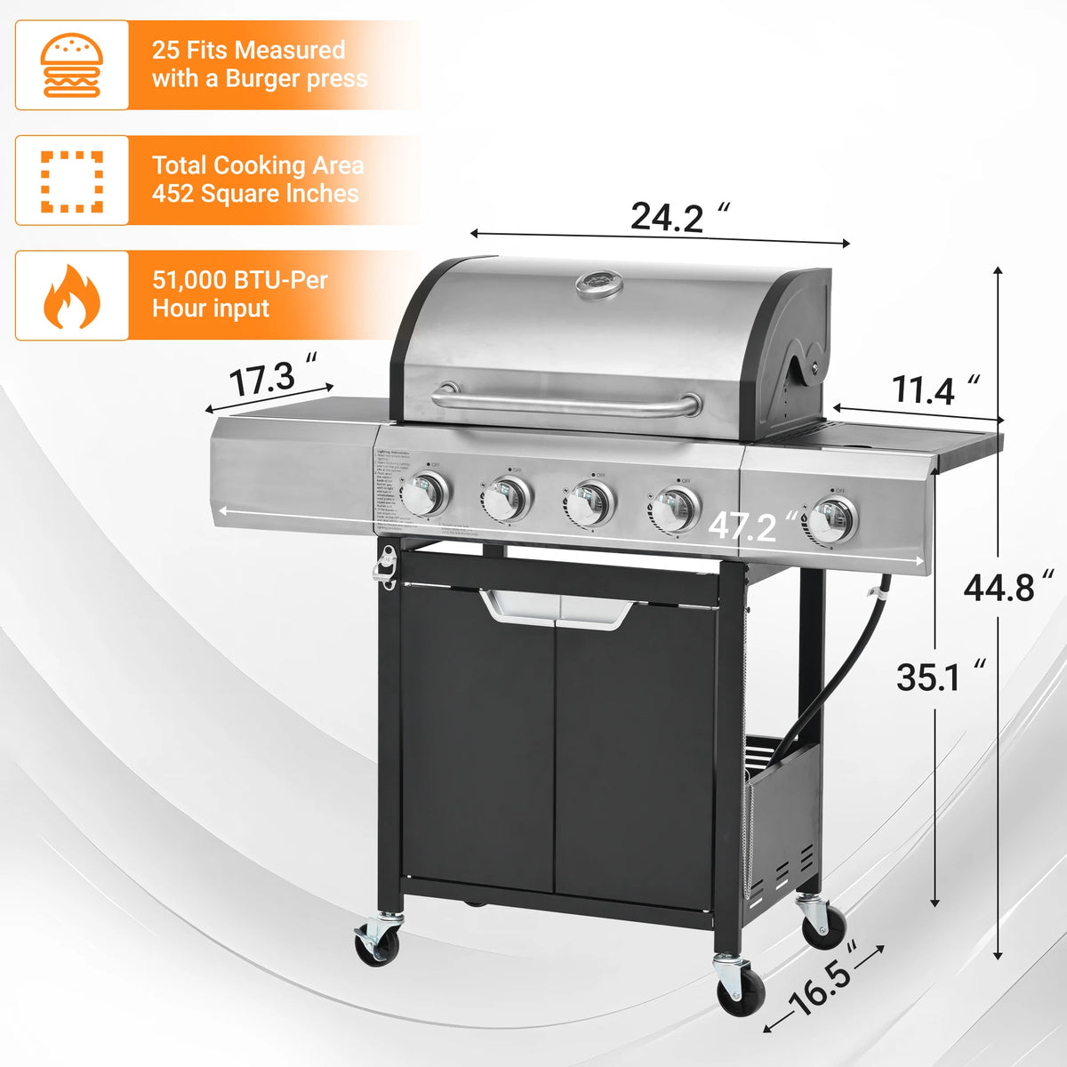 4 Burner Propane Grill Stainless Steel Gas Barbecue Grill with Side Burner And Cover for Outdoor BBQ Camping