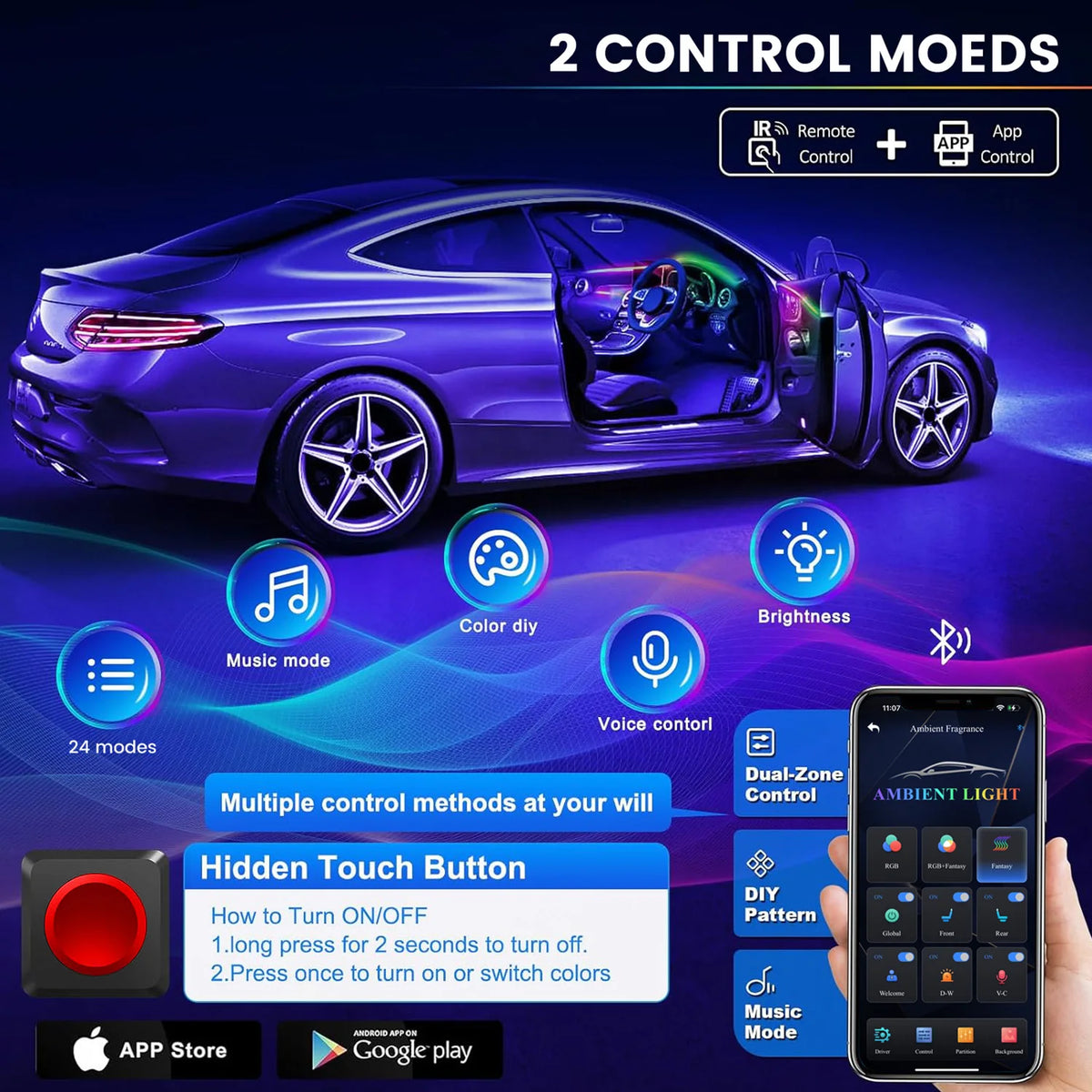 Dreamcolor Acrylic Interior Car LED Strip Light with Wireless APP, RGB 6/10/14/18 in 1 with 175 Inches Fiber Optic Strip Lights for Car, Dynamic Chasing Music Sync Neon Car Ambient Lighting Kits