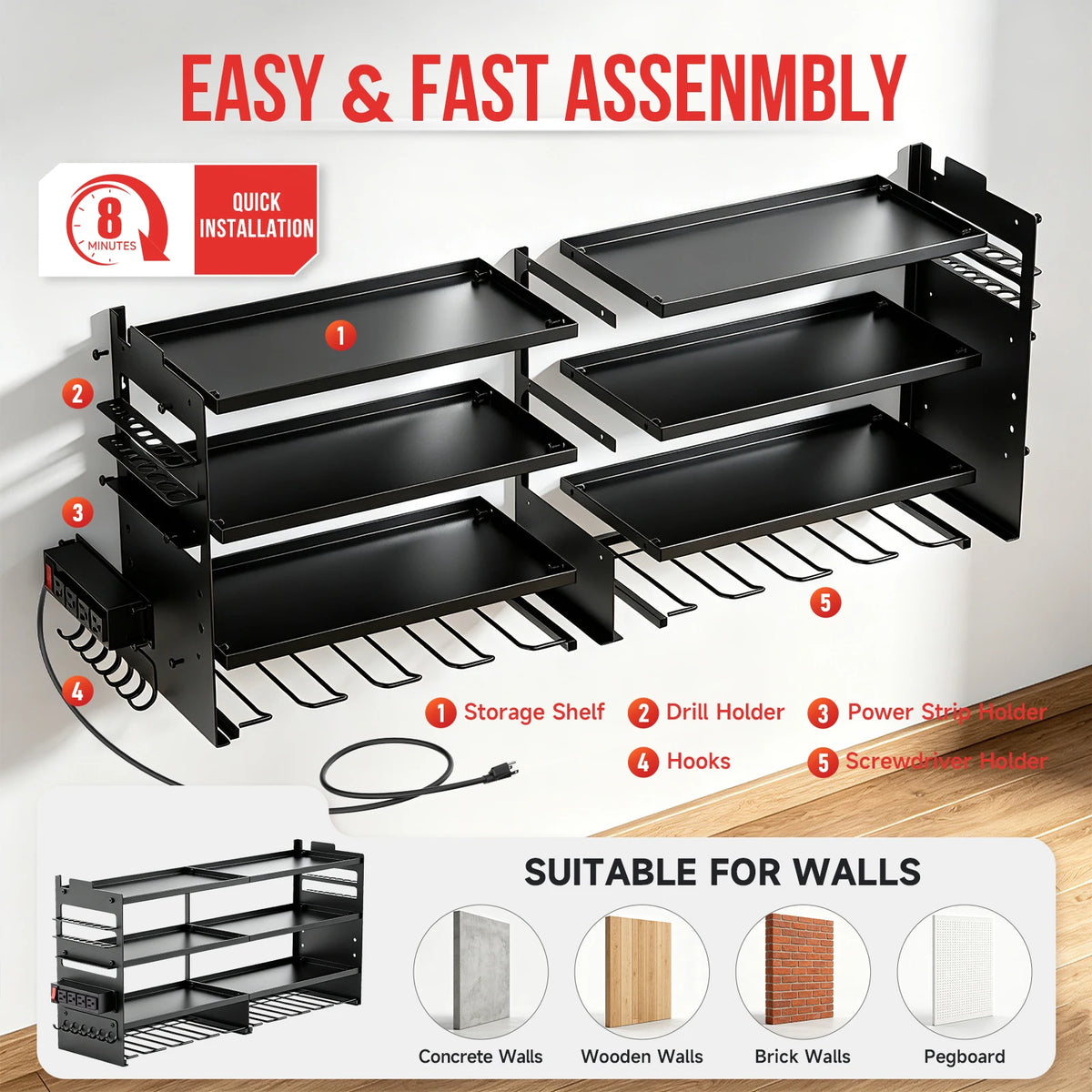 4-Tier Large Power Tool Heavy Duty Organizer Wall Mount Tool with Built-in 8 Drill Holders 4-Outlet Power Strip Side Hooks 600 lbs Capacity for Workshop Garage Basement