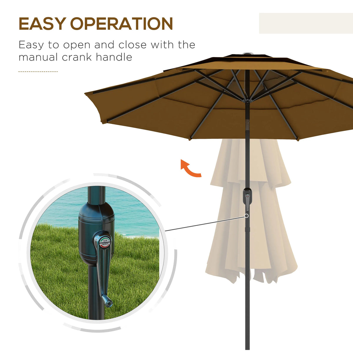 9ft 3 Tier Outdoor Patio Market Umbrella with Crank Handle for Backyard, Terrace, Light Tan