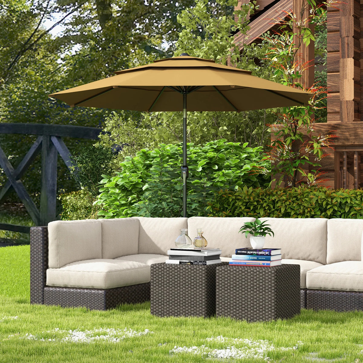 9ft 3 Tier Outdoor Patio Market Umbrella with Crank Handle for Backyard, Terrace, Light Tan