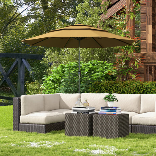 9ft 3 Tier Outdoor Patio Market Umbrella with Crank Handle for Backyard, Terrace, Light Tan