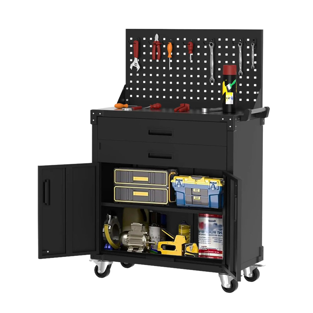 35" Tool Chest Cabinet Mobile Garage Workbench with Wheels Storage Cabinet Rolling Tool Cabinet with 2 Drawers Adjustable Shelves for Garage Warehouse Workshop, Black