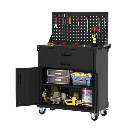 35" Tool Chest Cabinet Mobile Garage Workbench with Wheels Storage Cabinet Rolling Tool Cabinet with 2 Drawers Adjustable Shelves for Garage Warehouse Workshop, Black