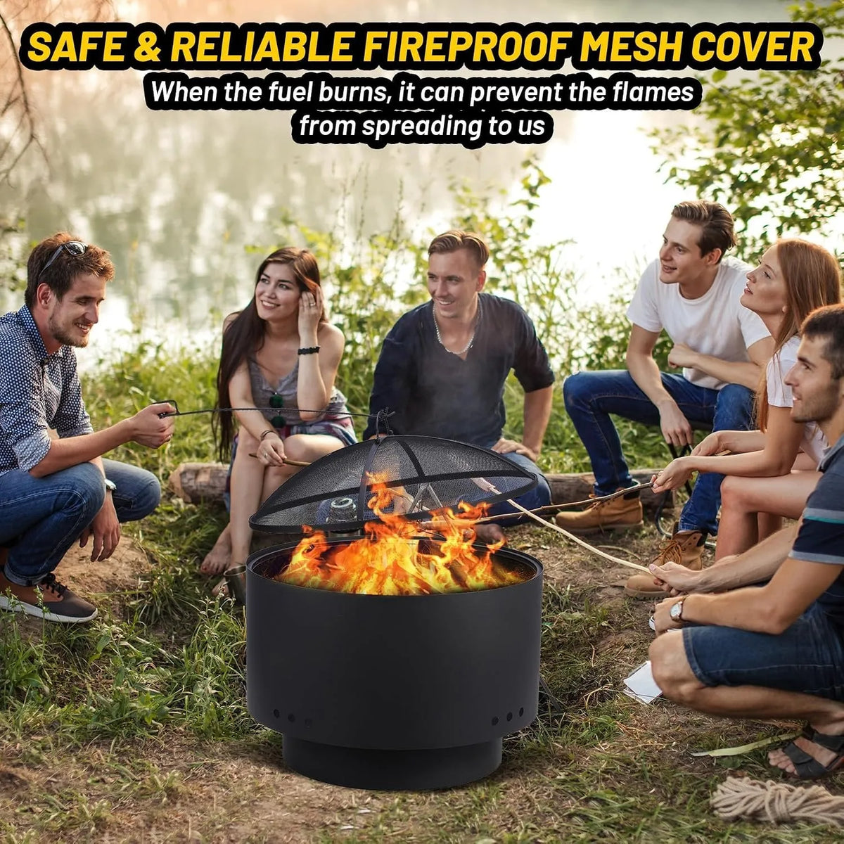 26 Inch Outdoor Fire Pit and BBQ Grill Carbon Steel Wood Charcoal Pellet Burning Firepit with Removable Grill Grate Mesh Spark Screen Poker and Cover for Backyard Patio Camping and Picnics
