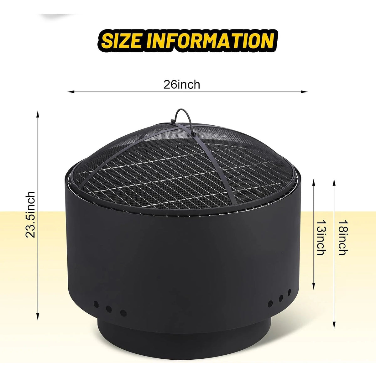 26 Inch Outdoor Fire Pit and BBQ Grill Carbon Steel Wood Charcoal Pellet Burning Firepit with Removable Grill Grate Mesh Spark Screen Poker and Cover for Backyard Patio Camping and Picnics