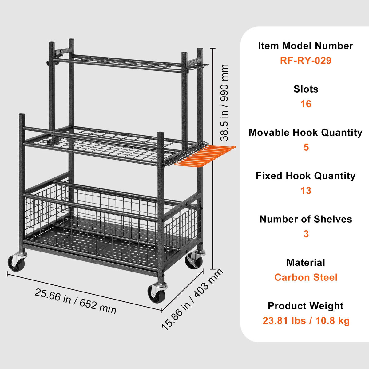 SucceBuy 16 Slots Garden Tool Organizer Yard Tool Tower Rack with Hooks Wheels Long-Handled Rake Stand Holder for Garage Storage