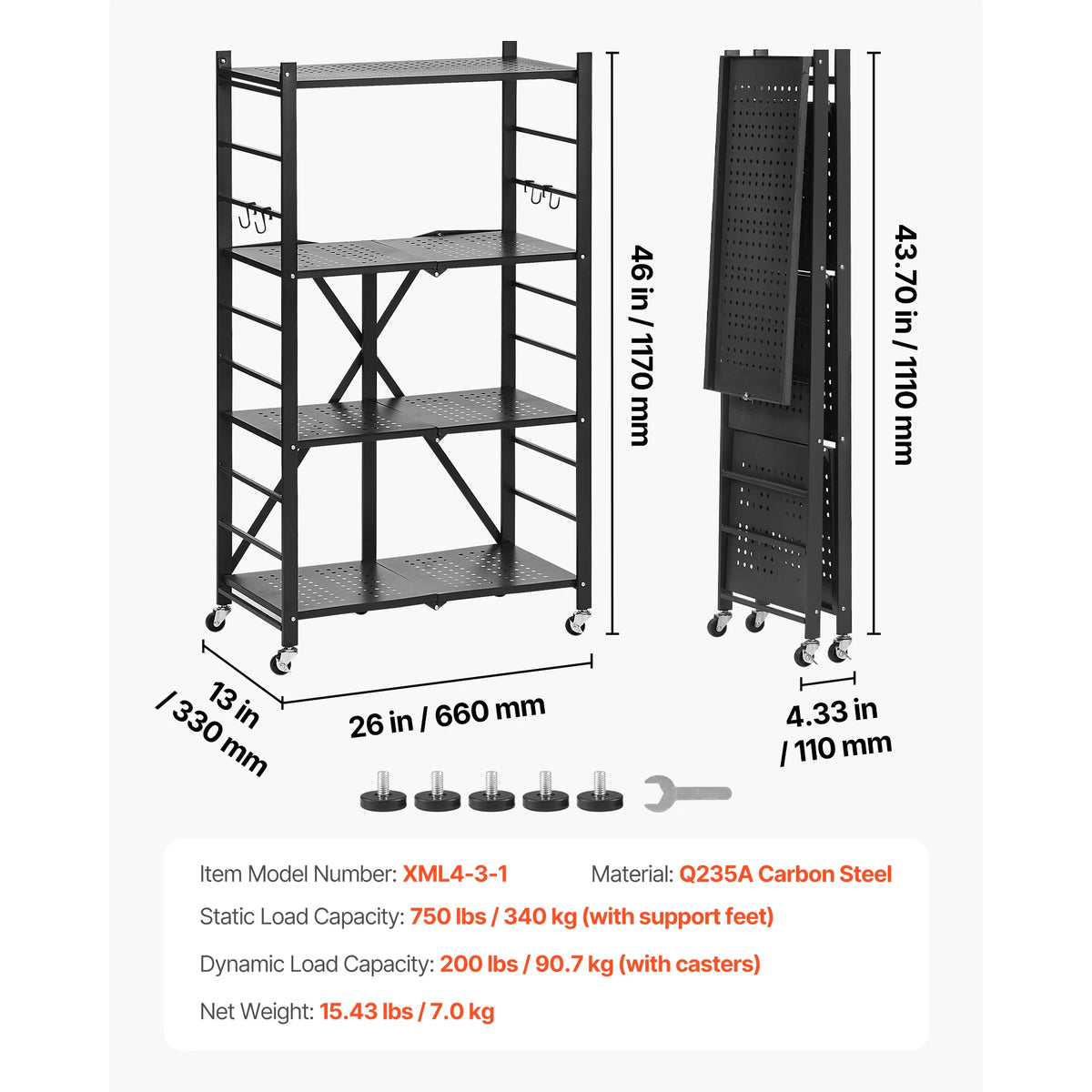 SucceBuy 6/5/4/3 Tier Black Foldable Storage Shelf with Wheels Folding Metal Rack Shelving Unit Organizer for Garage Kitchen