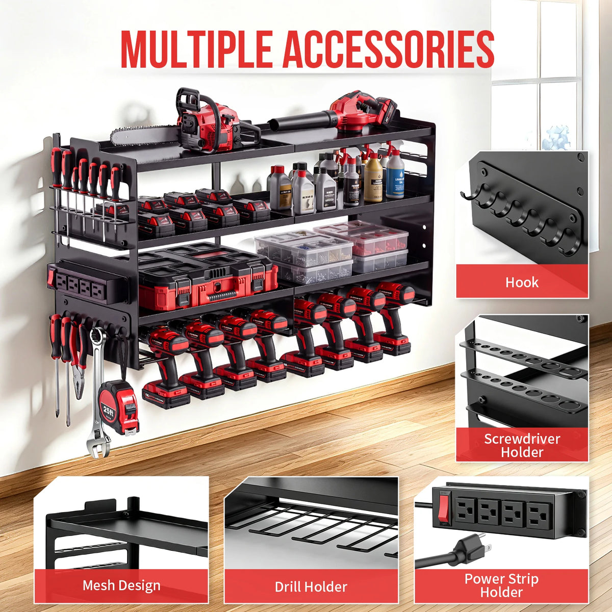 4-Tier Large Power Tool Heavy Duty Organizer Wall Mount Tool with Built-in 8 Drill Holders 4-Outlet Power Strip Side Hooks 600 lbs Capacity for Workshop Garage Basement