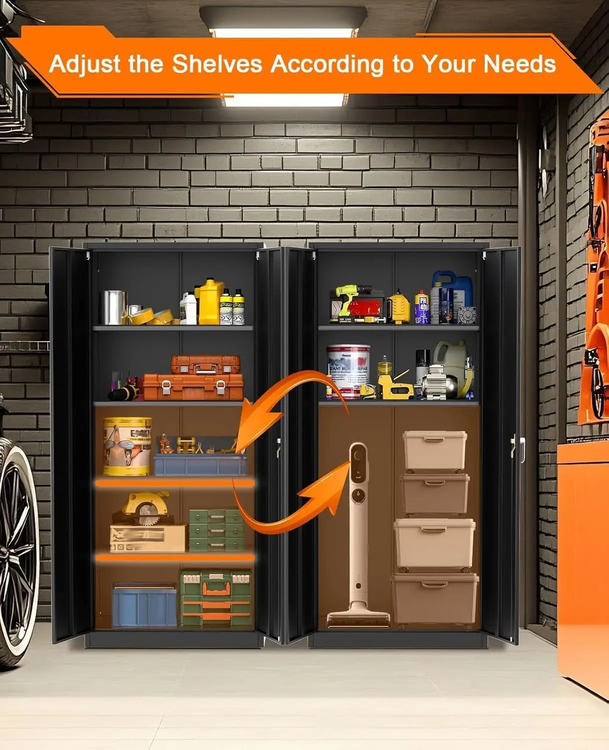 Metal Storage Cabinet with Lock Tool Cabinet Storage Cabinet Floor-to-Ceiling Courtyard Cabinet with 4 Adjustable Shelves and 4 Adjustable Feet for Home, Garage, Office, Shop